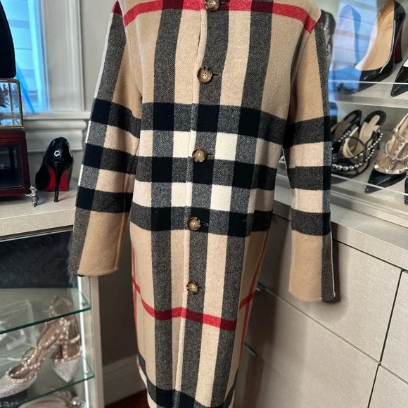 Burberry Women Tisbury Exploded Check Reversible Wool Coat Jacket Black Beige